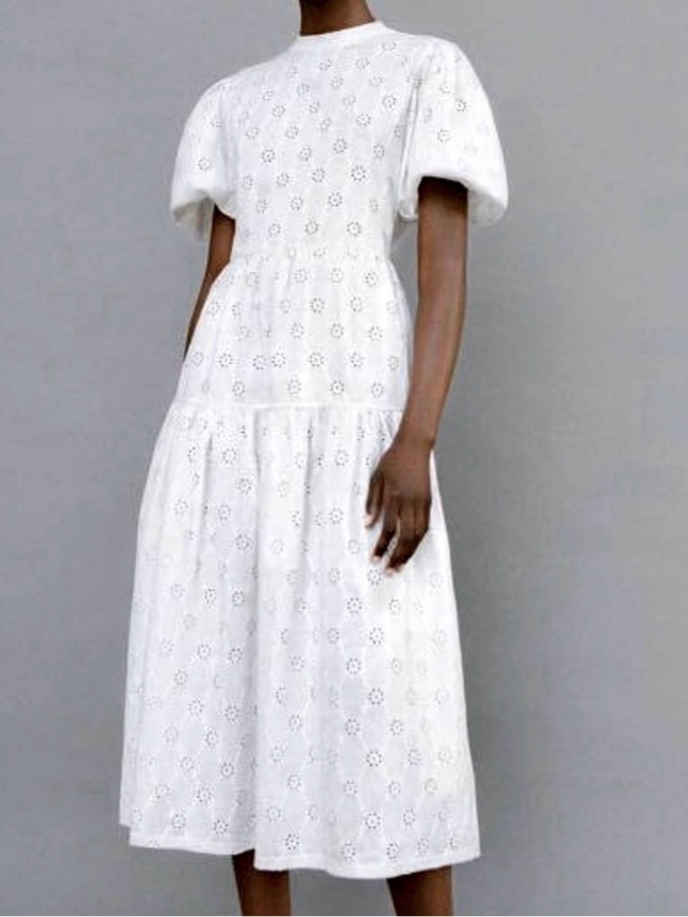Zara Puff Sleeve Eyelet Open Back Tiered Midi Dress Size M
